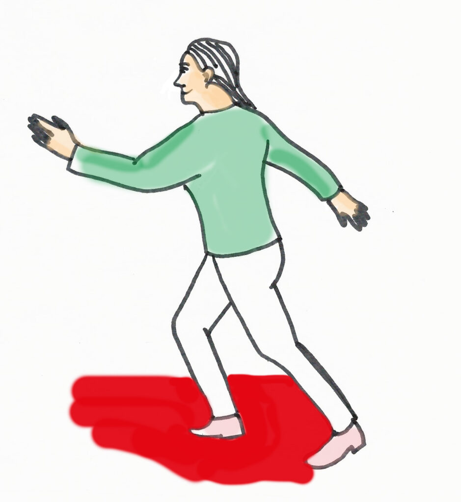 Tecknad bild på en människa som tar ett steg framåt. Beskriver, att gå i värderad riktning enligt ACT Acceptans And Commitment Therapy